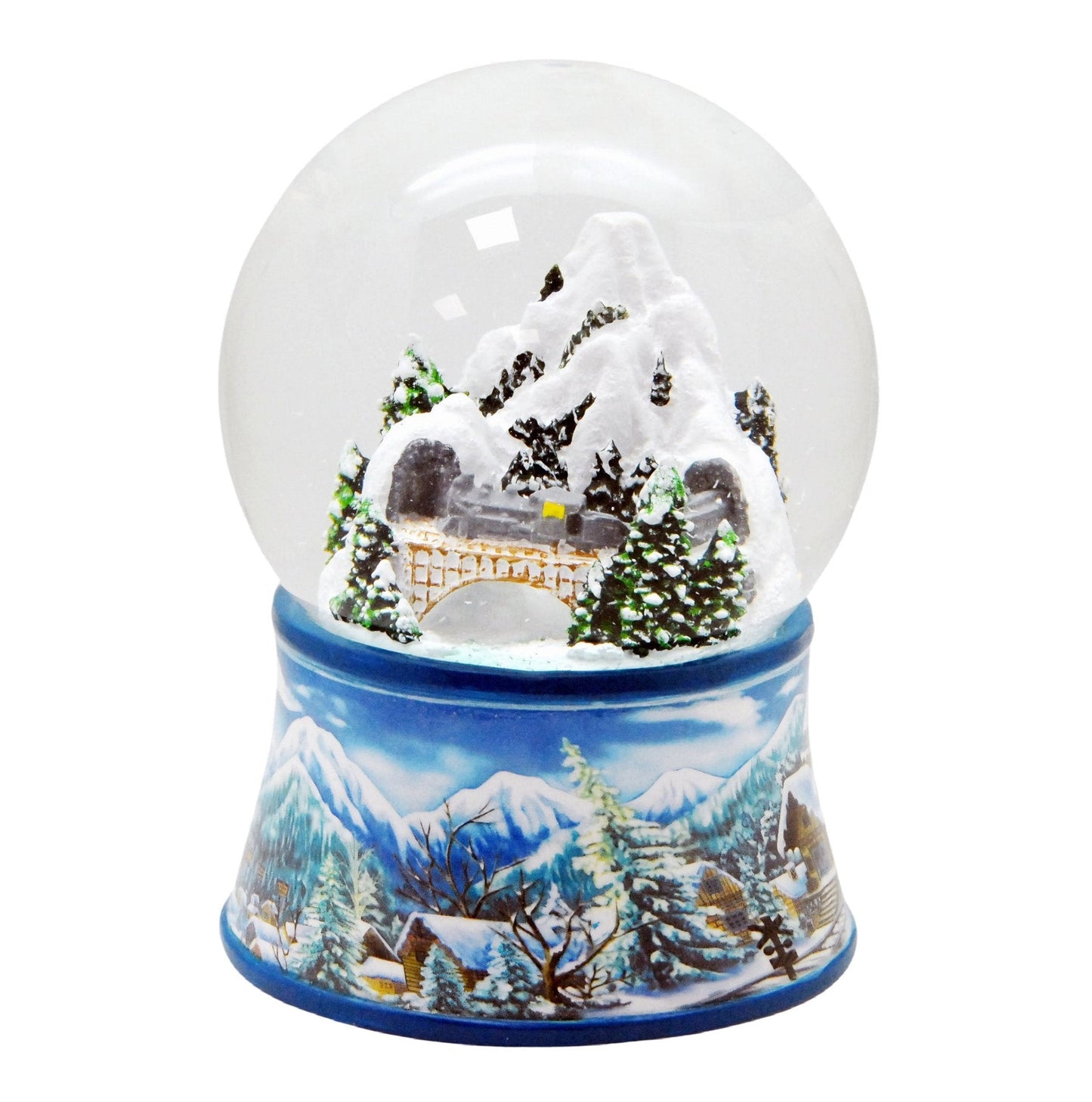 Nostalgische Schneekugel Berglandschaft mit Brücke auf Sockel Winterlandschaft hellblau 100 mm Durchmesser mit Spieluhr - Schneekugelhaus