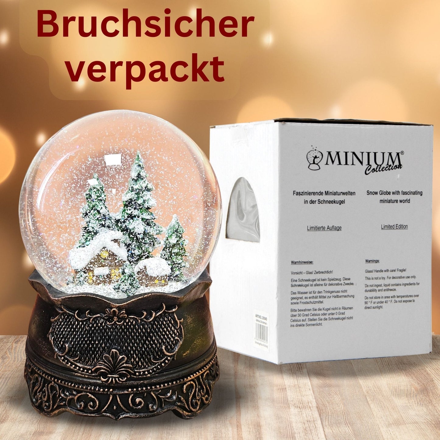 Nostalgische Schneekugel Hüttenzauber Berghütte auf Ornamentsockel kupfer antik 100 mm Durchmesser mit Spieluhr - Schneekugelhaus