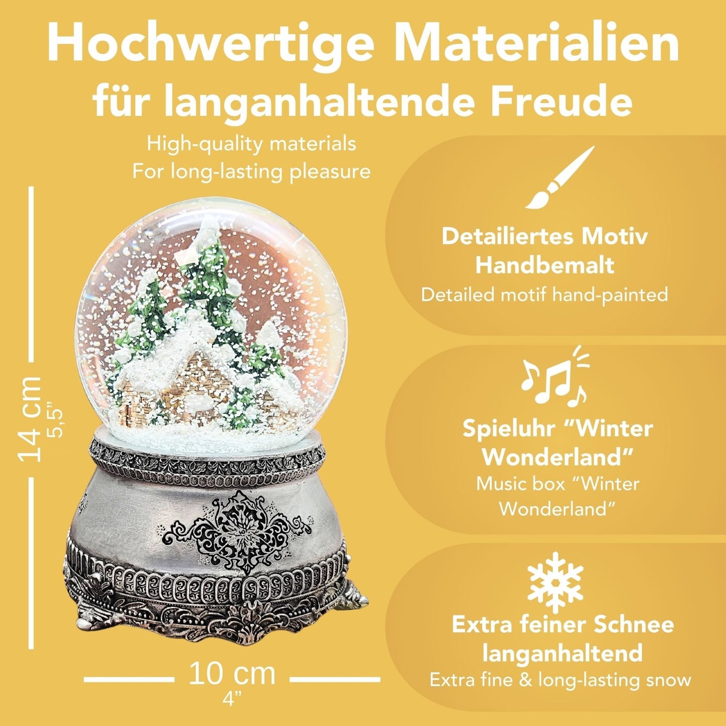 Nostalgische Schneekugel Hüttenzauber Berghütte auf Zinn - Sockel 100 mm Durchmesser mit Spieluhr - Schneekugelhaus