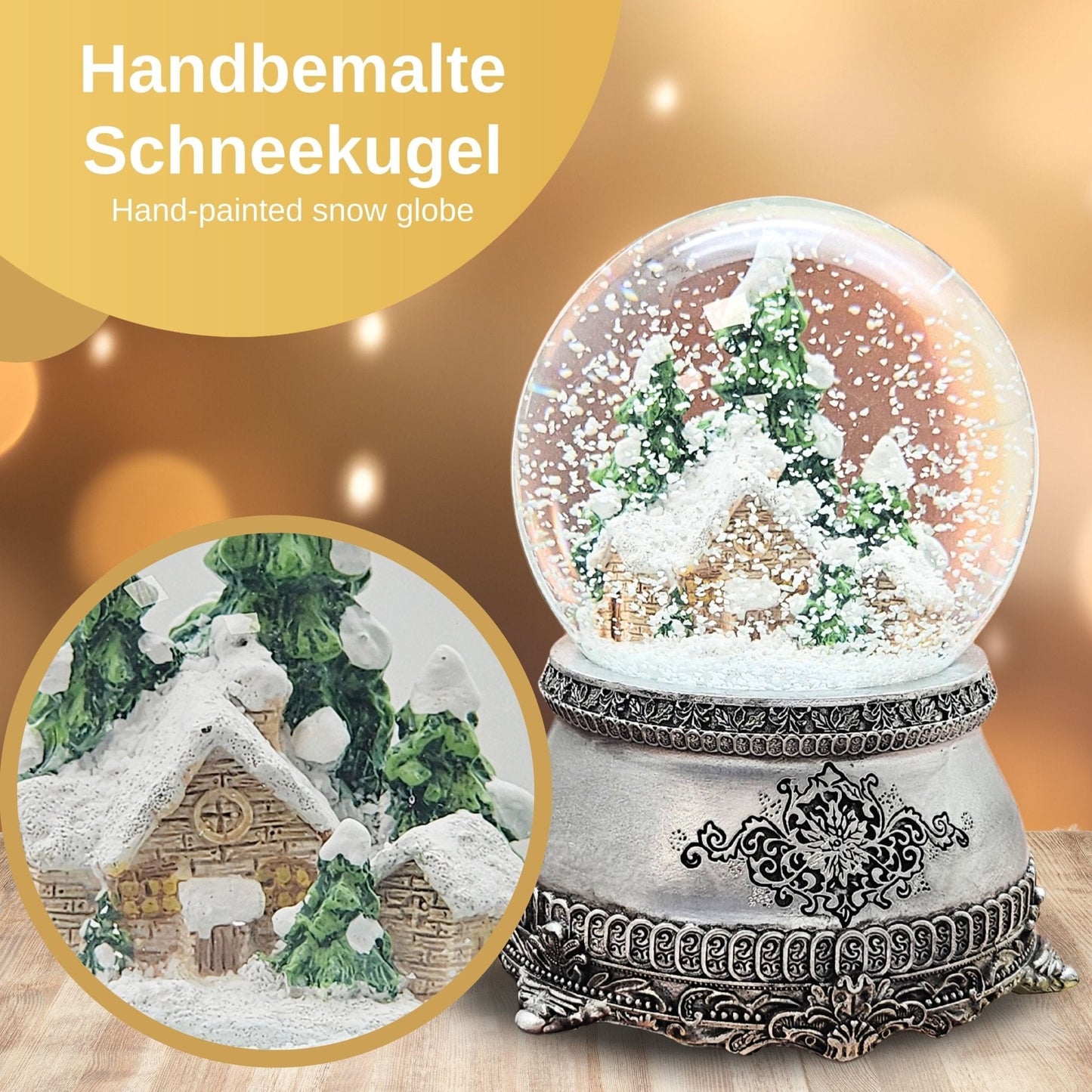 Nostalgische Schneekugel Hüttenzauber Berghütte auf Zinn - Sockel 100 mm Durchmesser mit Spieluhr - Schneekugelhaus