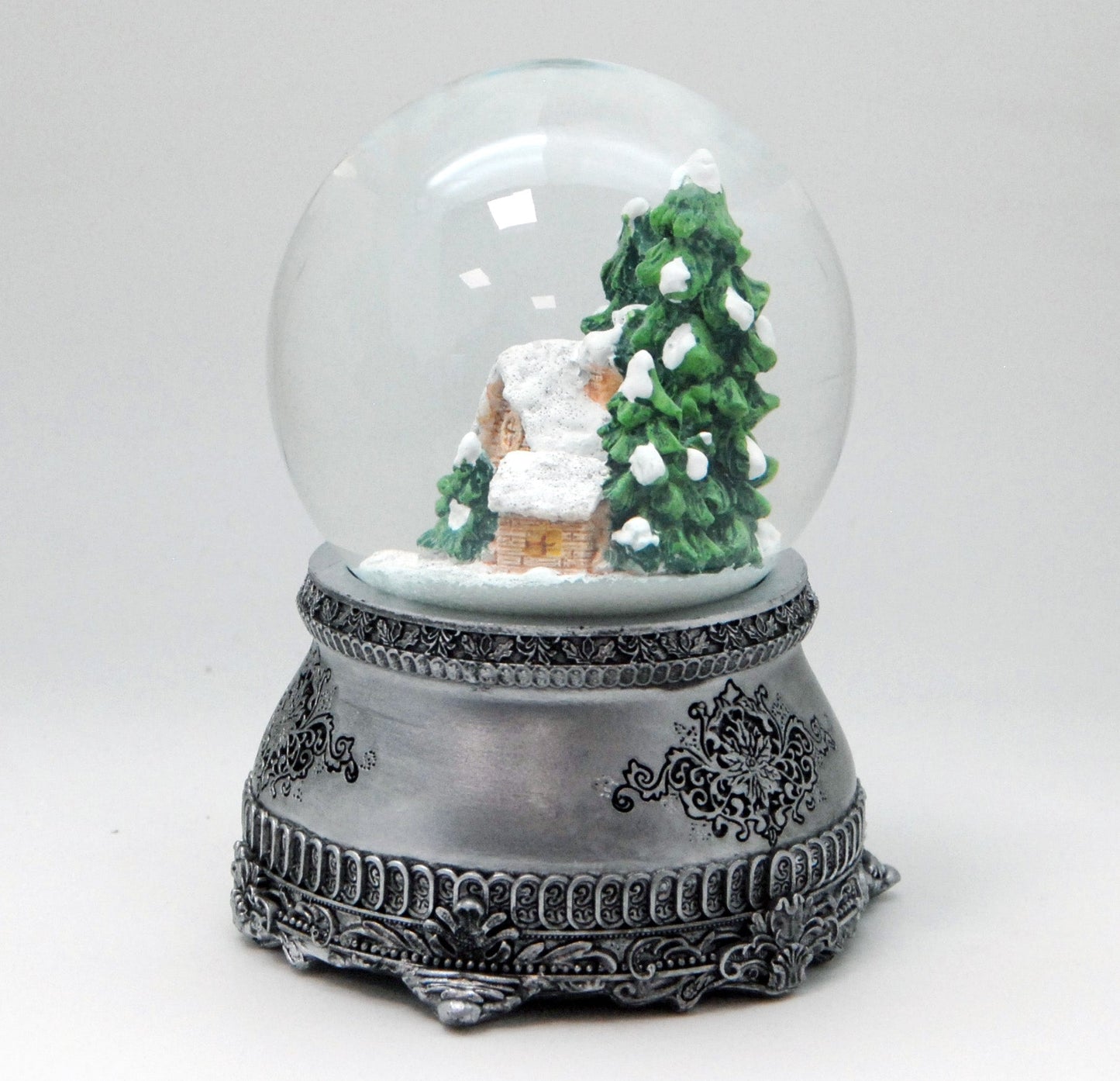 Nostalgische Schneekugel Hüttenzauber Berghütte auf Zinn - Sockel 100 mm Durchmesser mit Spieluhr - Schneekugelhaus
