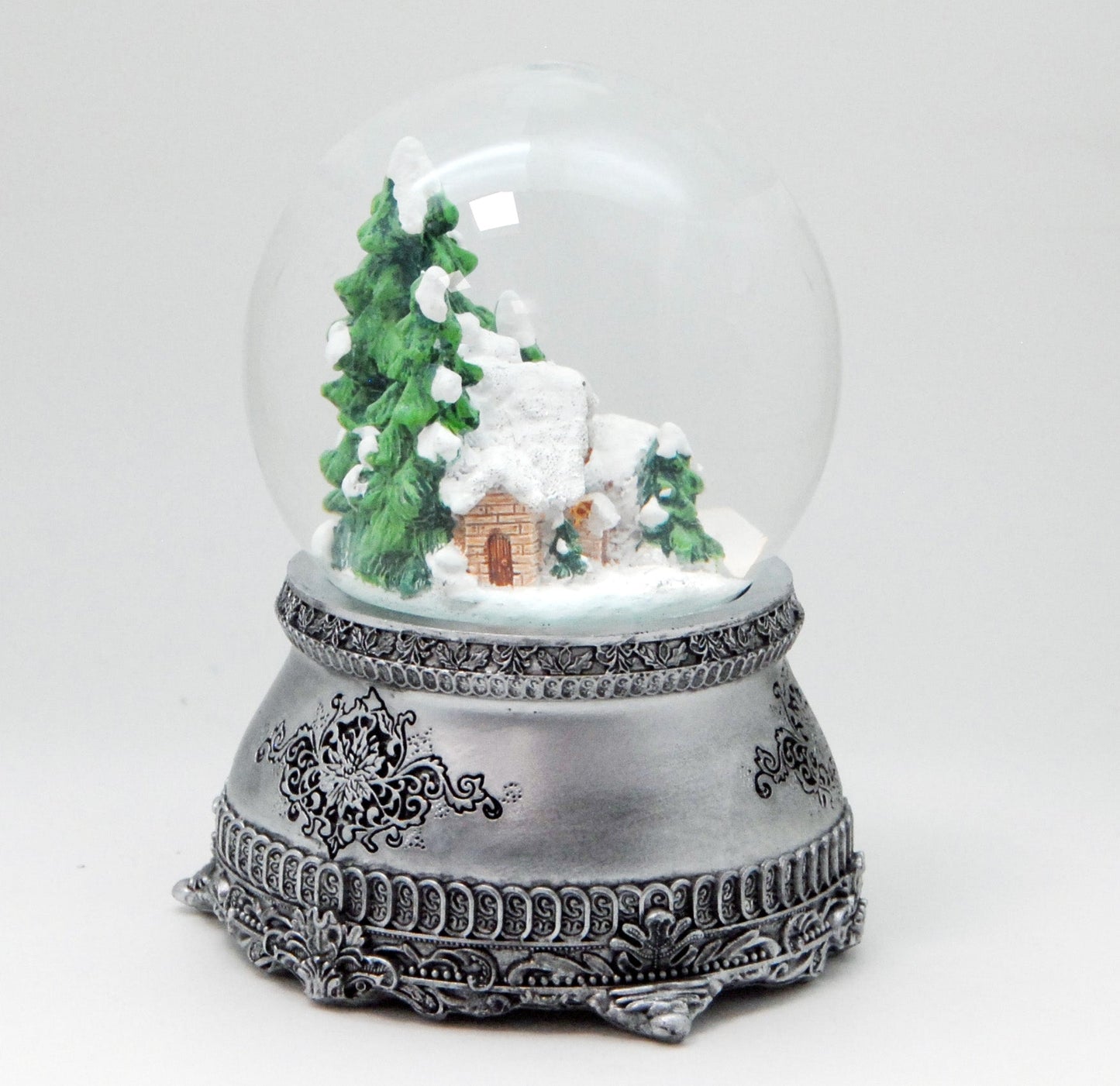 Nostalgische Schneekugel Hüttenzauber Berghütte auf Zinn - Sockel 100 mm Durchmesser mit Spieluhr - Schneekugelhaus