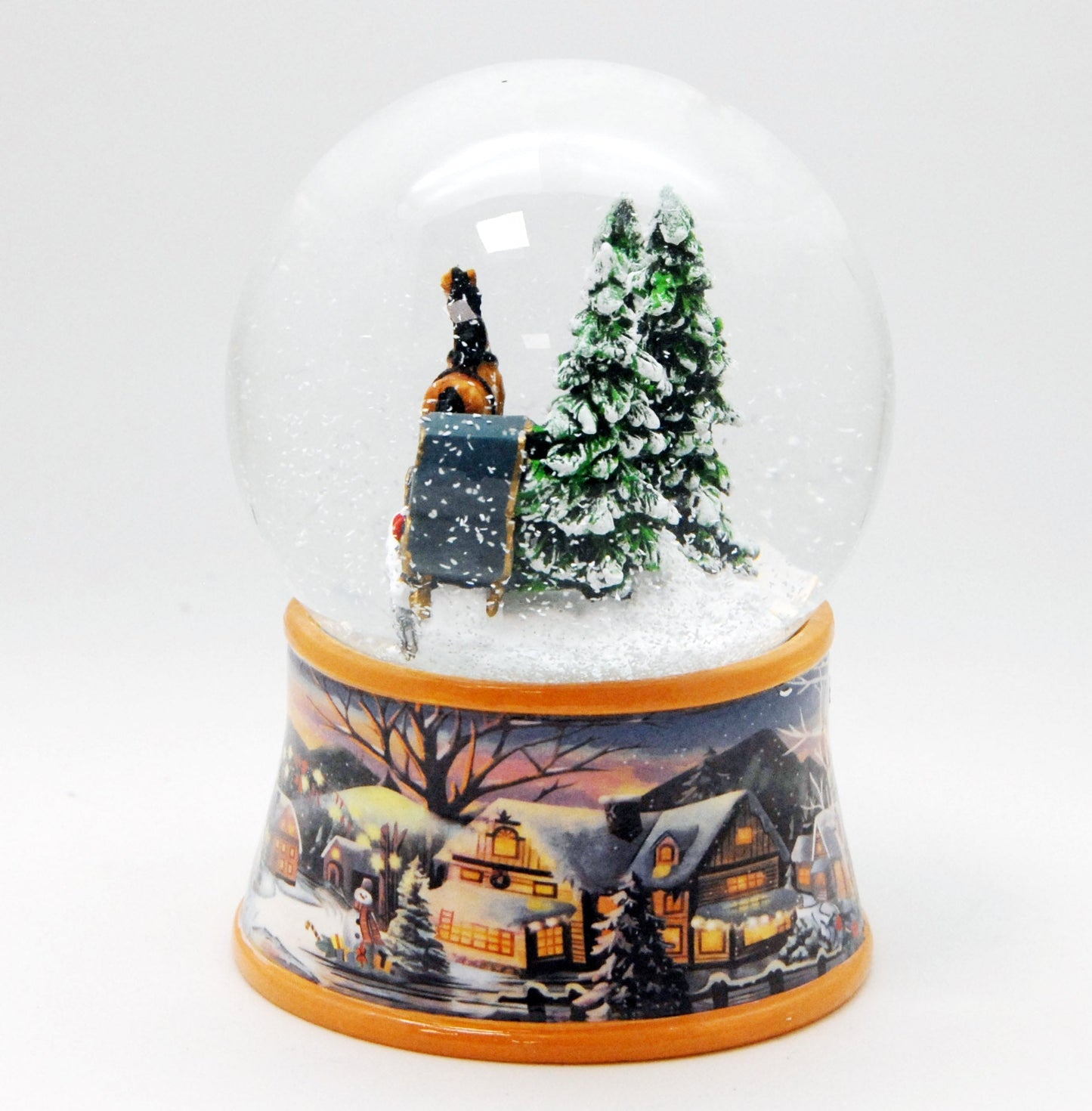Nostalgische Schneekugel Kutsche über Brücke auf Sockel Winterlandschaft 100 mm Durchmesser mit Spieluhr - Schneekugelhaus