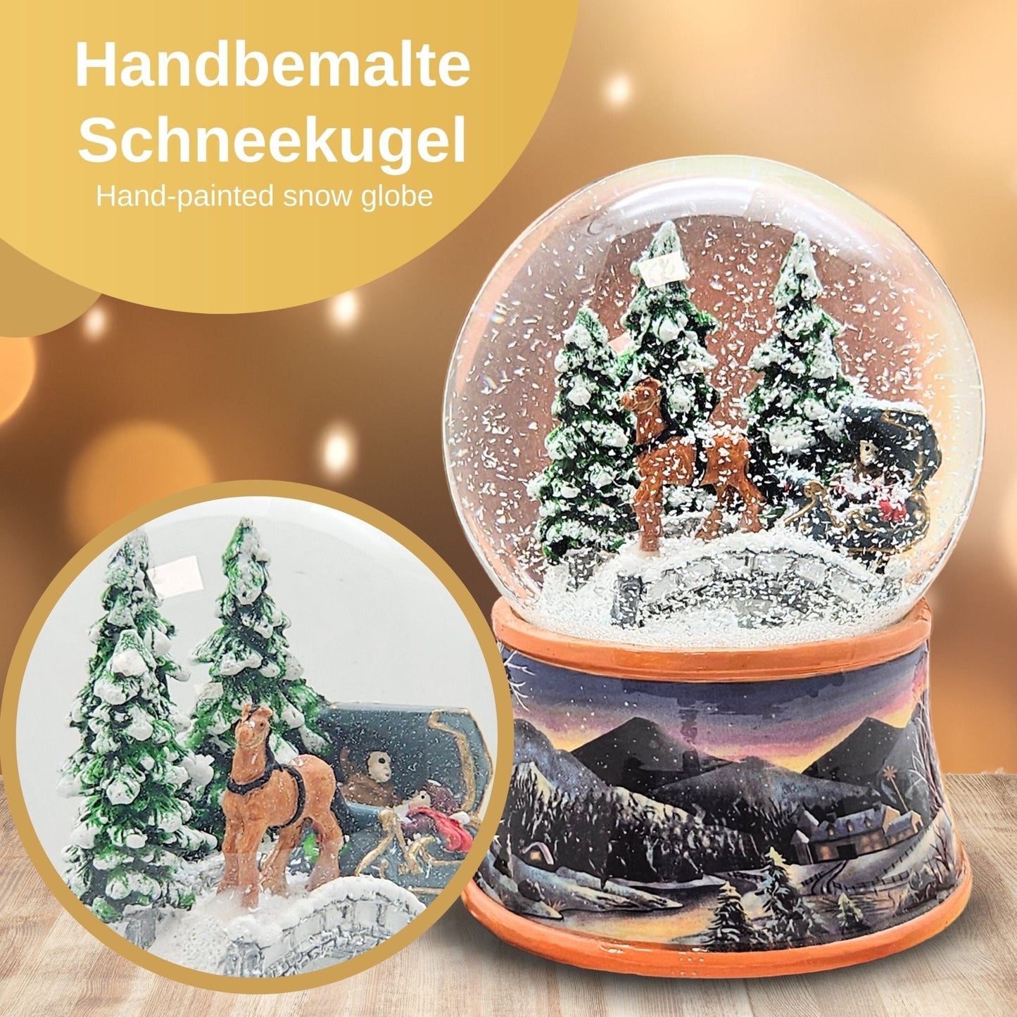 Nostalgische Schneekugel Kutsche über Brücke auf Sockel Winterlandschaft 100 mm Durchmesser mit Spieluhr - Schneekugelhaus