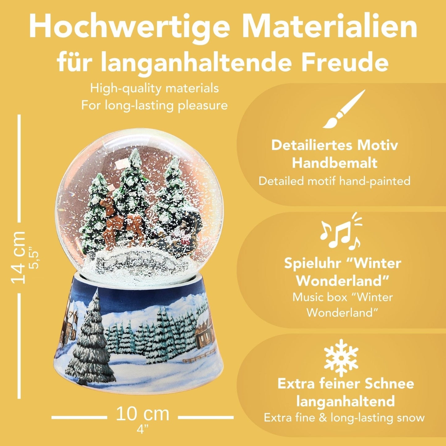 Nostalgische Schneekugel Kutsche über Brücke auf Sockel Winterlandschaft mittelblau 100 mm Durchmesser mit Spieluhr - Schneekugelhaus