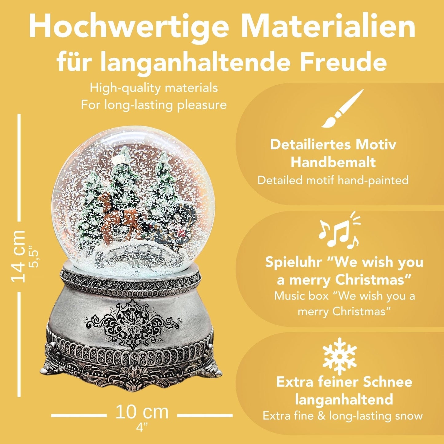 Nostalgische Schneekugel Kutsche über Brücke auf Zinn - Sockel 100 mm Durchmesser mit Spieluhr - Schneekugelhaus