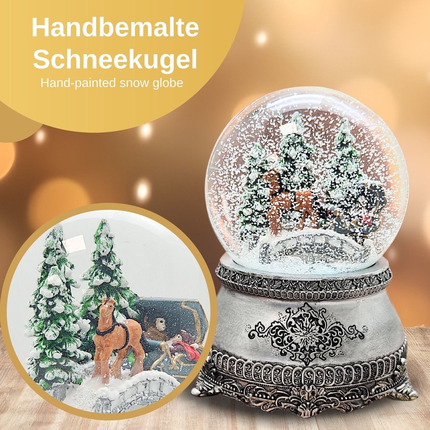Nostalgische Schneekugel Kutsche über Brücke auf Zinn - Sockel 100 mm Durchmesser mit Spieluhr - Schneekugelhaus