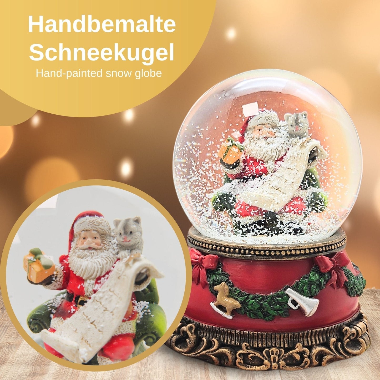 Nostalgische Schneekugel Santa mit Geschenkeliste auf Sockel Weihnachtsdekor rot mm Durchmesser mit Spieluhr - Schneekugelhaus