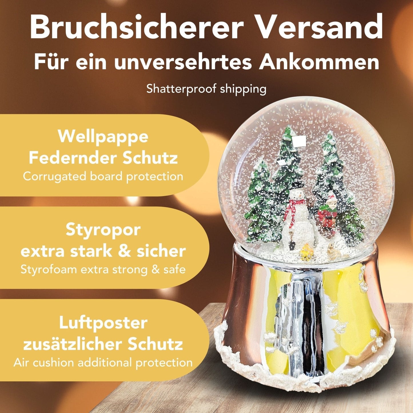 Nostalgische Schneekugel Schneemann steht auf Silber Sockel mit Schneeflocken 100 mm Durchmesser mit Spieluhr - Schneekugelhaus