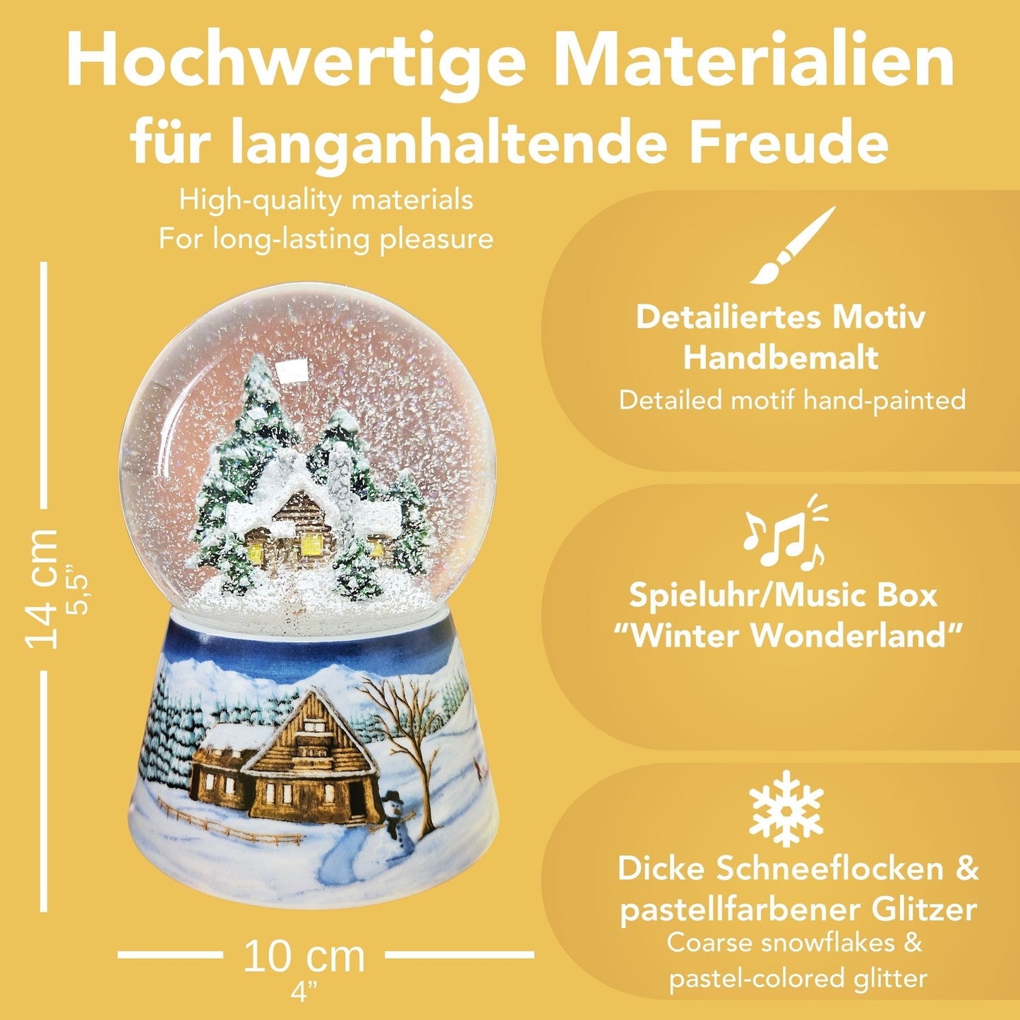 Nostalgische Schneekugel Verschneite Winterhütte auf Winterlandschaft mittelblau 100 mm Durchmesser mit Spieluhr - Schneekugelhaus
