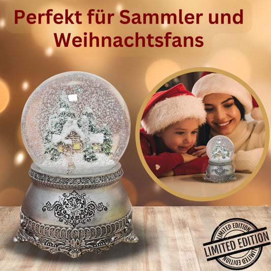 Nostalgische Schneekugel Verschneite Winterhütte auf Zinnsockel 100 mm Durchmesser mit Spieluhr - Schneekugelhaus