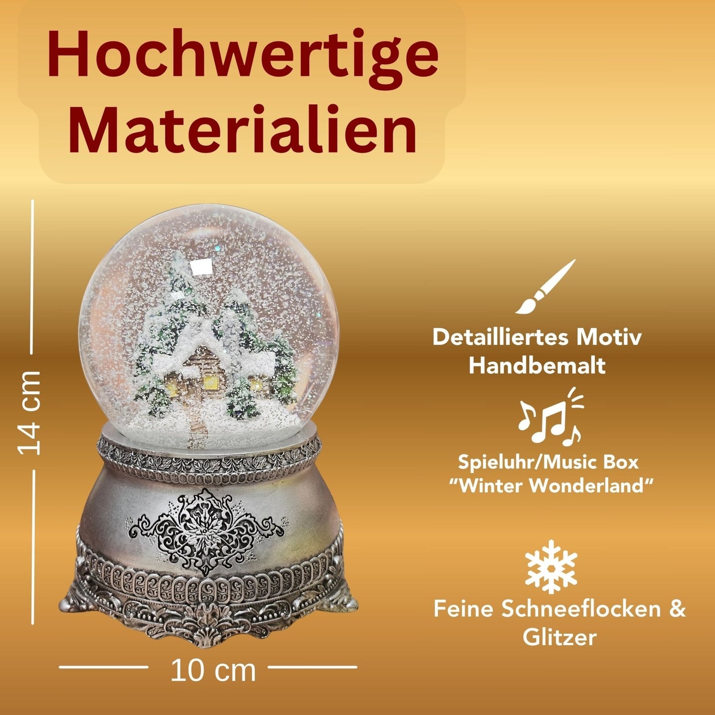 Nostalgische Schneekugel Verschneite Winterhütte auf Zinnsockel 100 mm Durchmesser mit Spieluhr - Schneekugelhaus