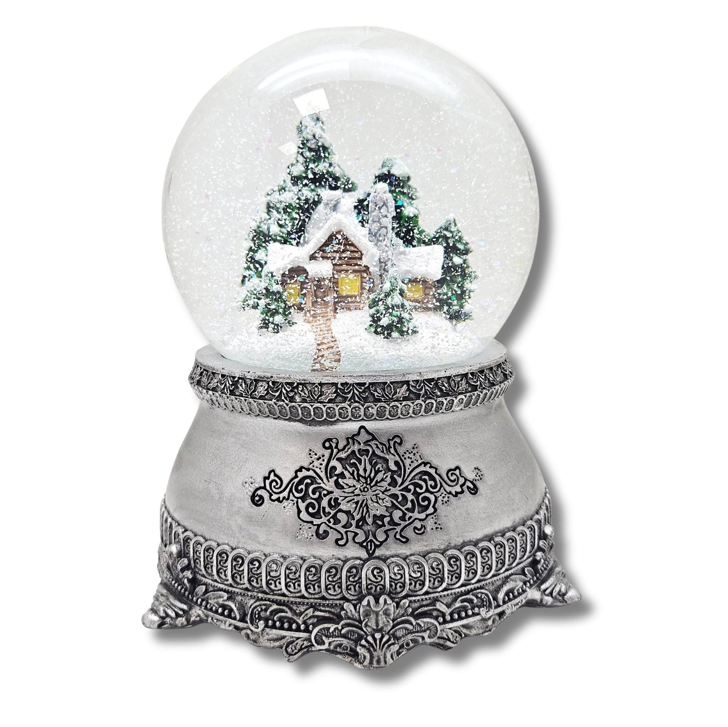 Nostalgische Schneekugel Verschneite Winterhütte auf Zinnsockel 100 mm Durchmesser mit Spieluhr - Schneekugelhaus