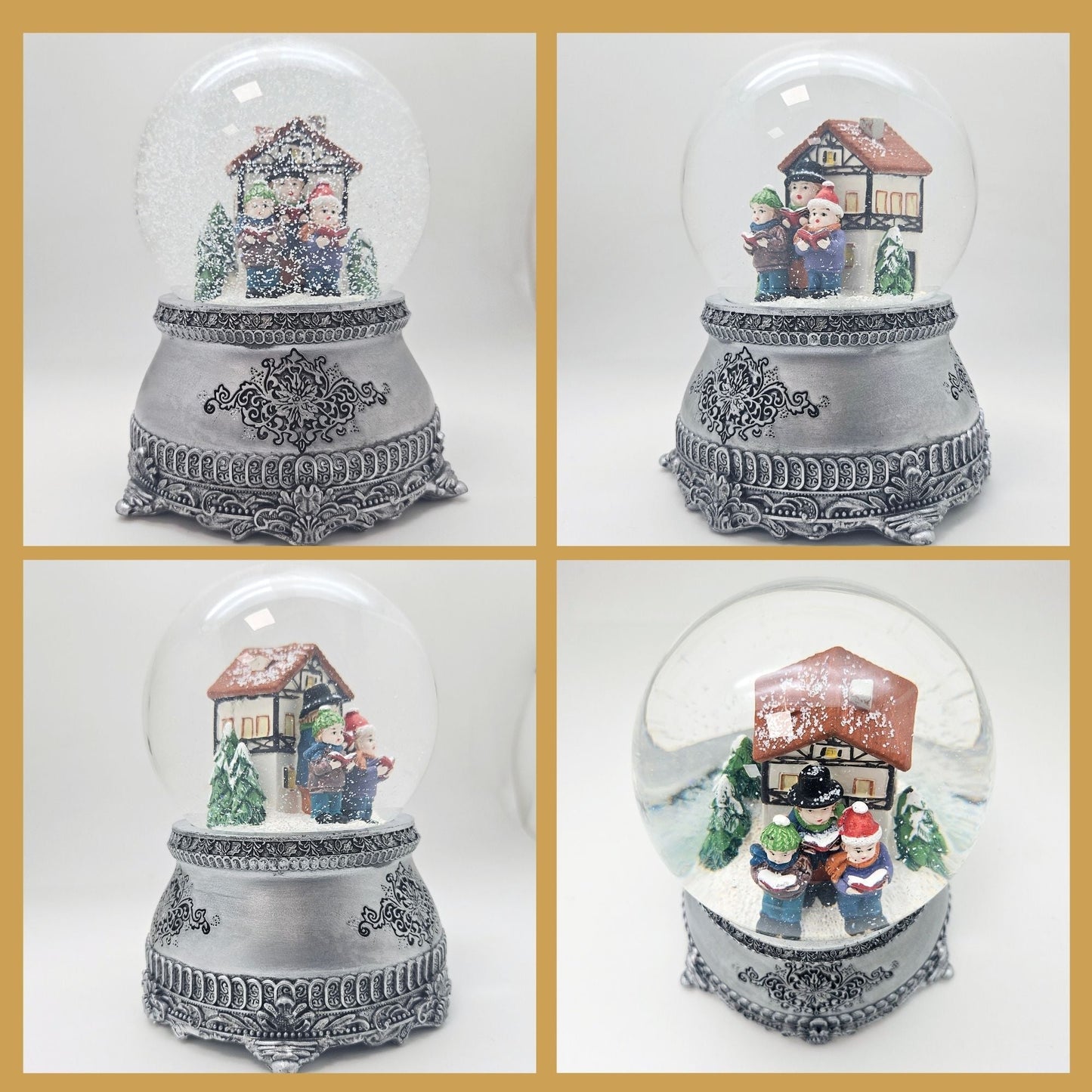 Nostalgische Schneekugel Weihnachtssinger Fachwerkhaus auf Zinnsockel 100 mm Durchmesser mit Spieluhr - Schneekugelhaus