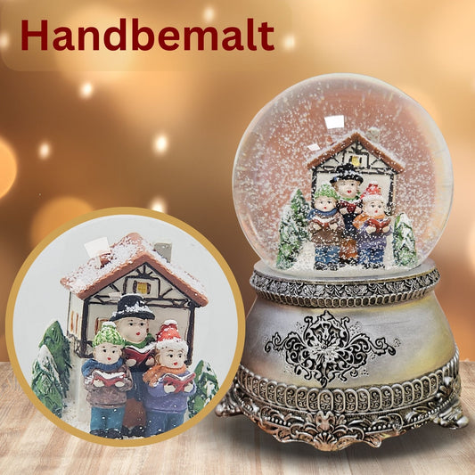 Nostalgische Schneekugel Weihnachtssinger Fachwerkhaus auf Zinnsockel 100 mm Durchmesser mit Spieluhr - Schneekugelhaus