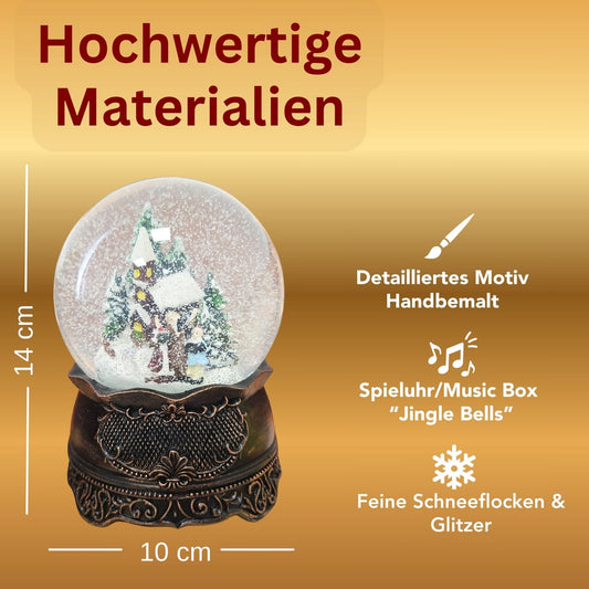 Nostalgische Schneekugel Weihnachtsspaziergang auf Ornamentsockel kupfer antik 100 mm Durchmesser mit Spieluhr - Schneekugelhaus