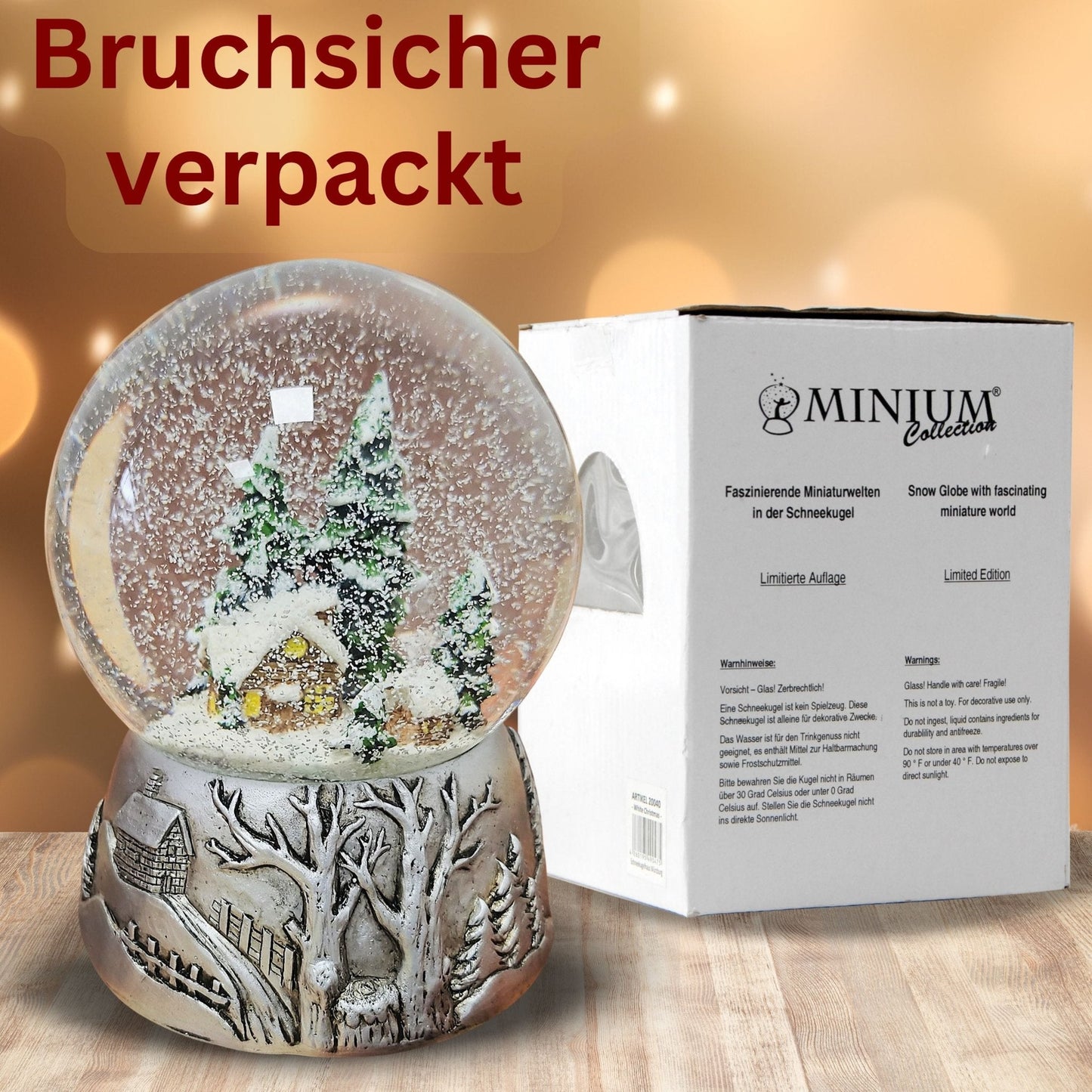 Nostalgische Schneekugel Winterhütte auf Silber Landschaft 100 mm Durchmesser mit Spieluhr - Schneekugelhaus