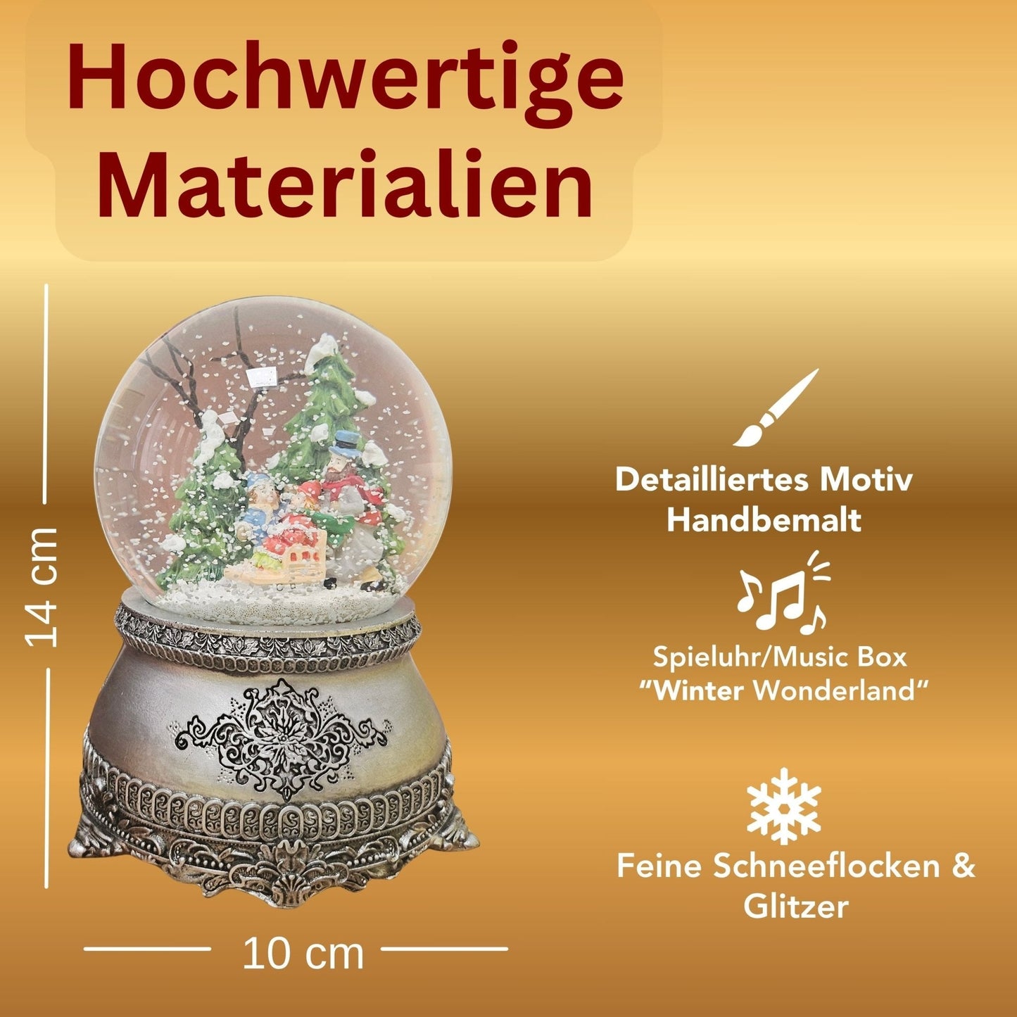 Nostalgische Schneekugel Winterspaziergang mit Familie auf Zinnsockel 100 mm Durchmesser mit Spieluhr - Schneekugelhaus