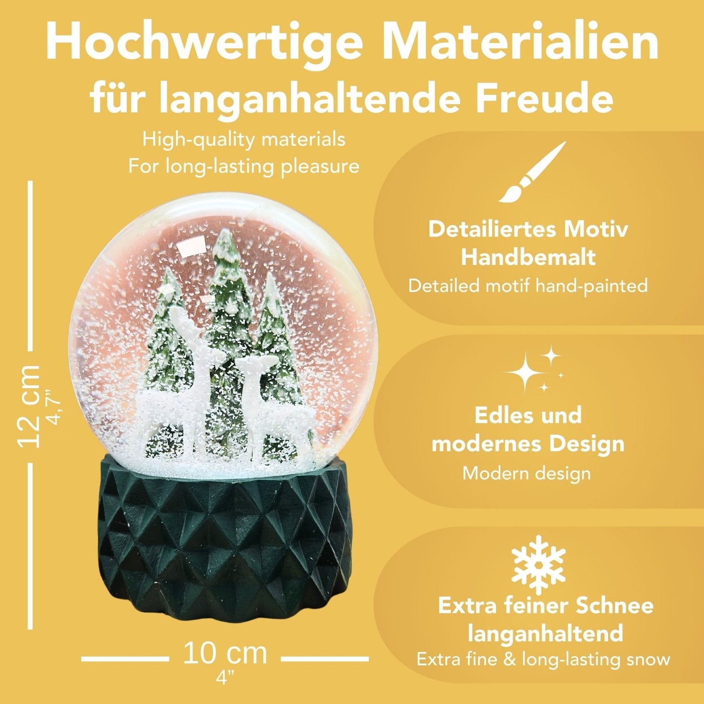 Schneekugel 2 Rehe auf Sockel grün kubisch "PURE - Line" 10 cm Durchmesser - Schneekugelhaus