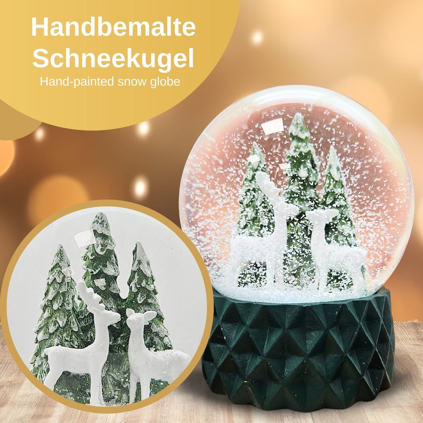 Schneekugel 2 Rehe auf Sockel grün kubisch "PURE - Line" 10 cm Durchmesser - Schneekugelhaus