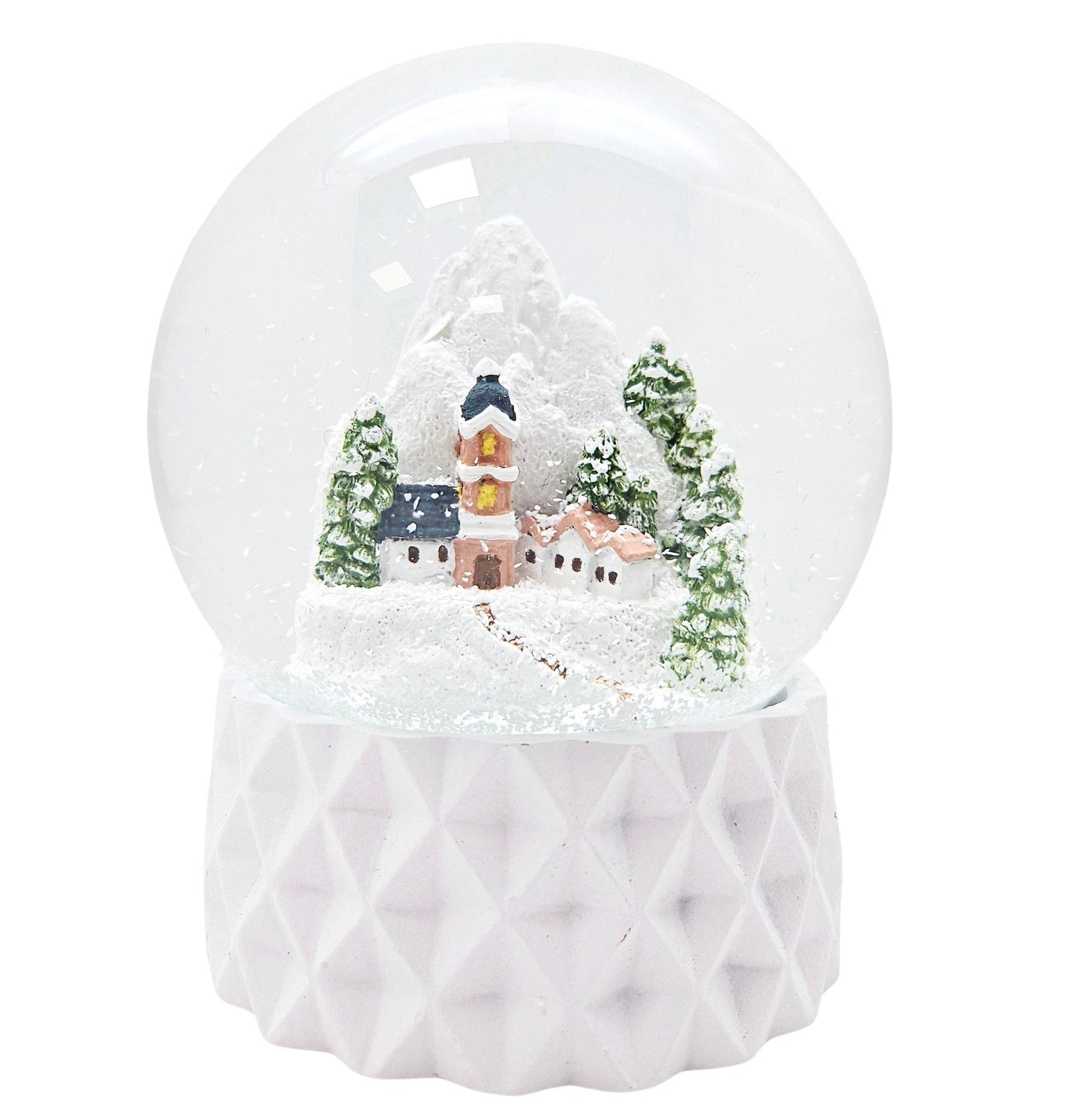 Schneekugel Bergdorf auf Sockel weiß kubisch "PURE - Line" 10 cm Durchmesser - Schneekugelhaus