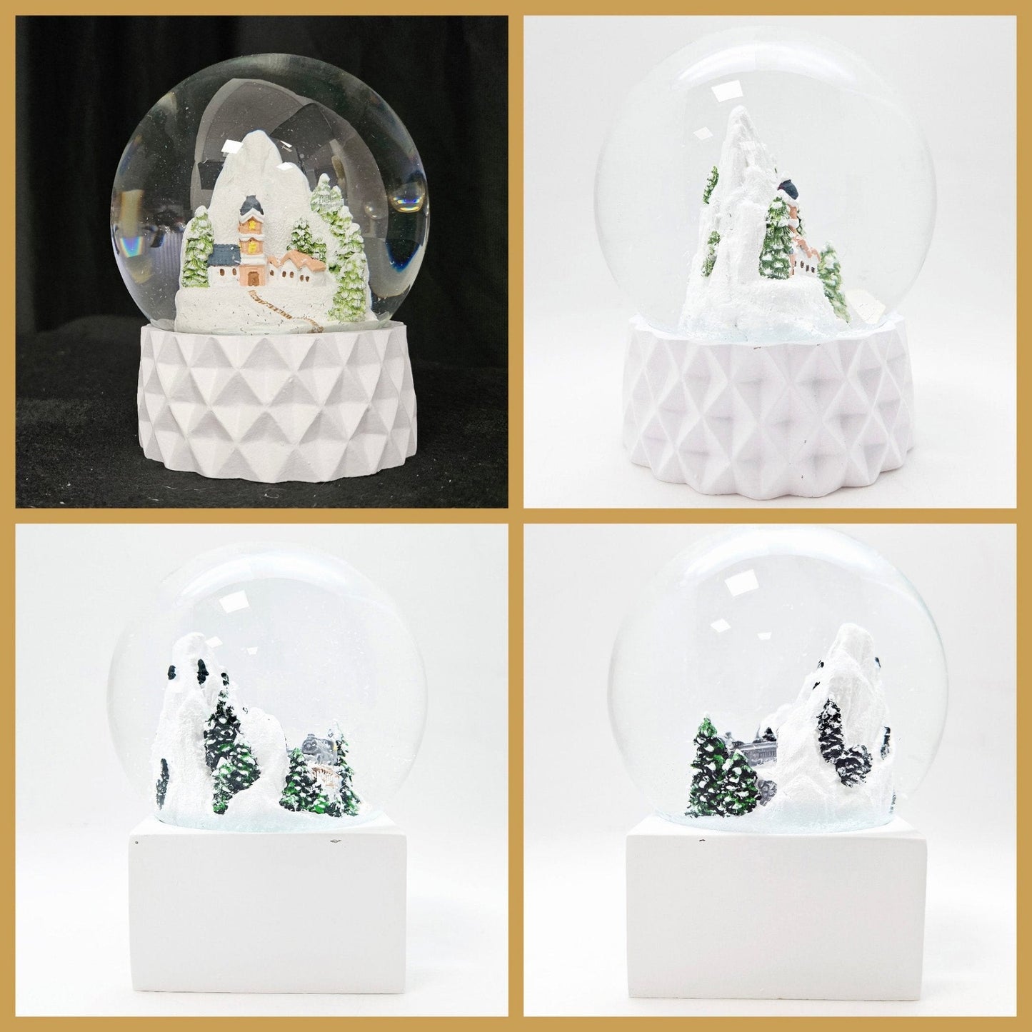 Schneekugel Bergdorf auf Sockel weiß kubisch "PURE - Line" 10 cm Durchmesser - Schneekugelhaus