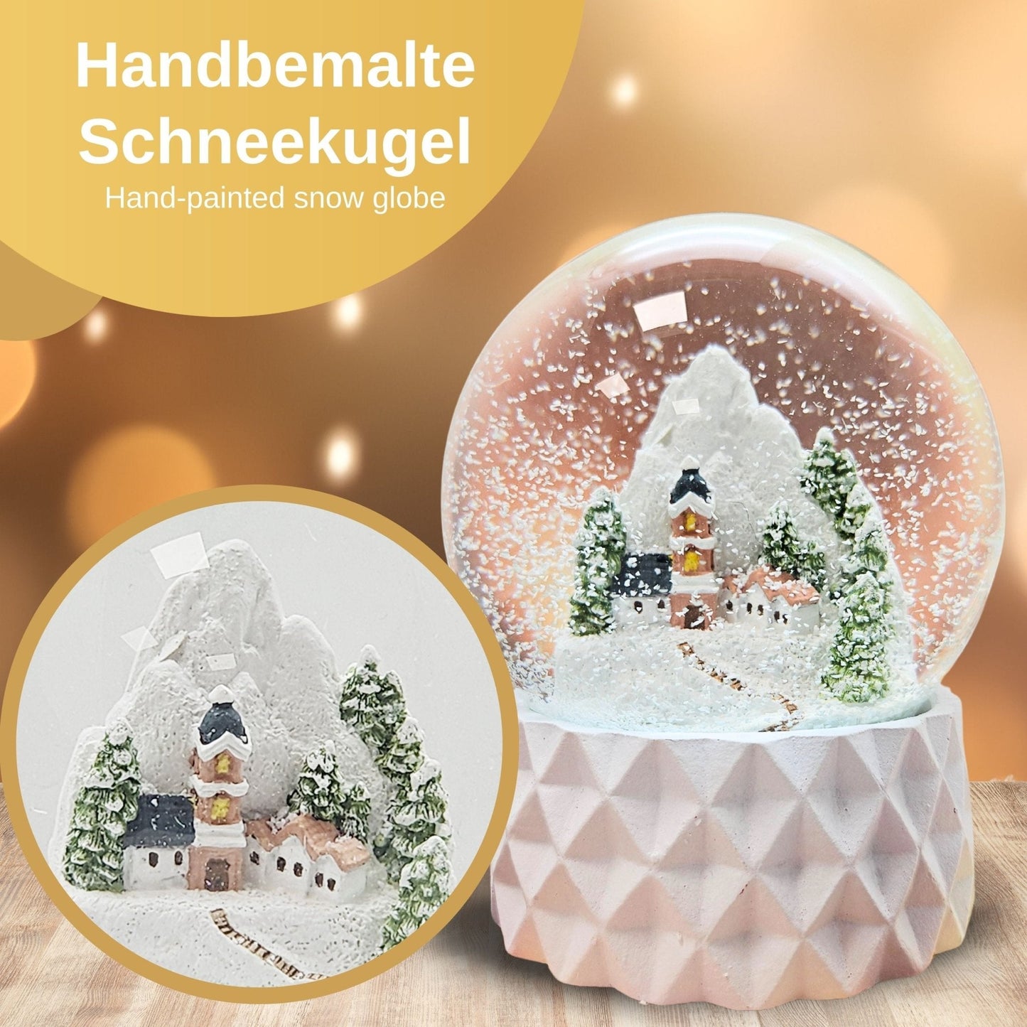 Schneekugel Bergdorf auf Sockel weiß kubisch "PURE - Line" 10 cm Durchmesser - Schneekugelhaus