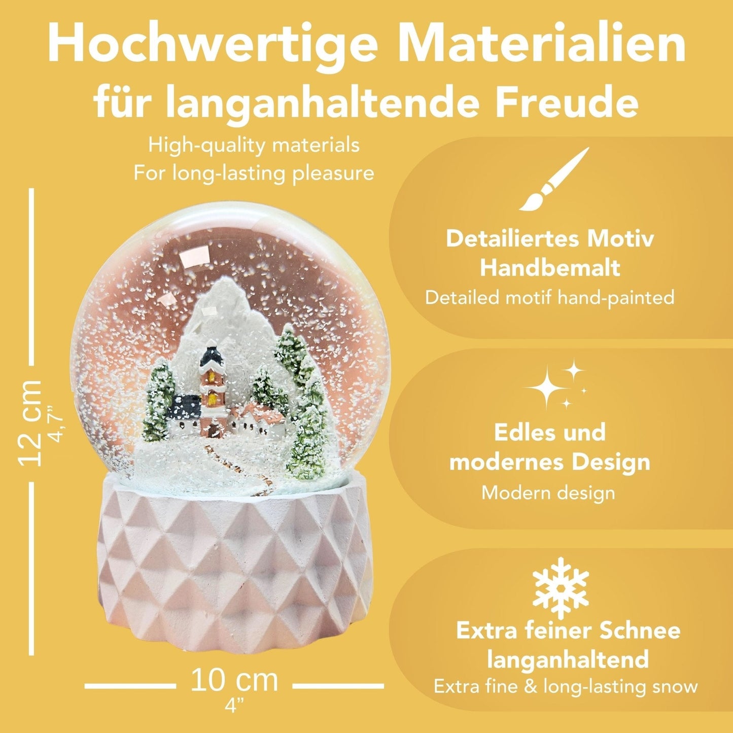 Schneekugel Bergdorf auf Sockel weiß kubisch "PURE - Line" 10 cm Durchmesser - Schneekugelhaus