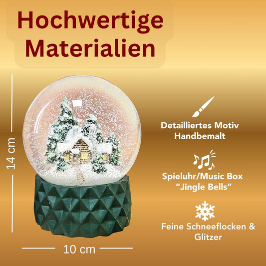 Schneekugel Hüttenzauber auf Sockel grün kubisch "PURE - Line" 10 cm Durchmesser - Schneekugelhaus