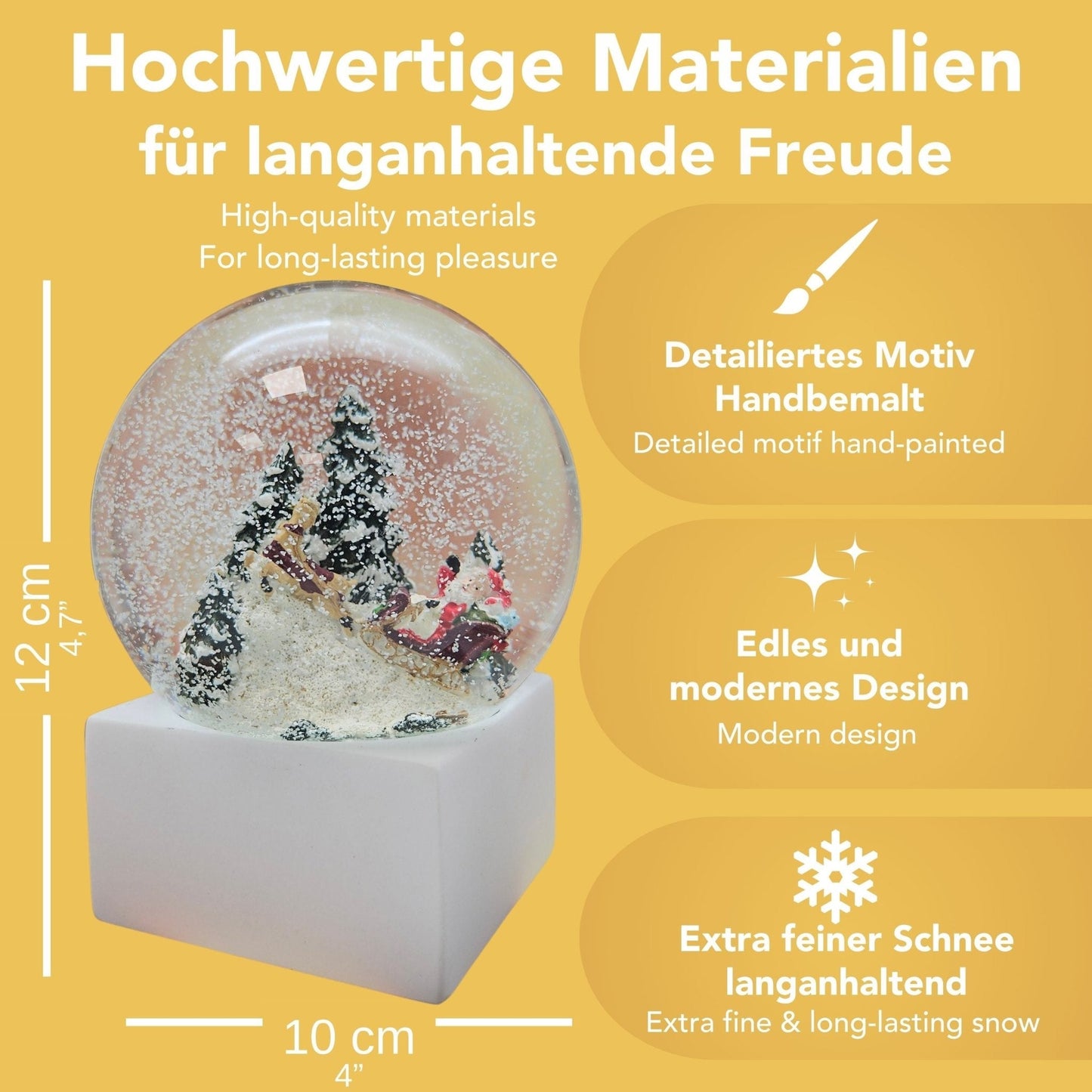 Schneekugel Santa auf Schlitten auf Sockel weiß eckig "PURE - Line" 10 cm Durchmesser - Schneekugelhaus