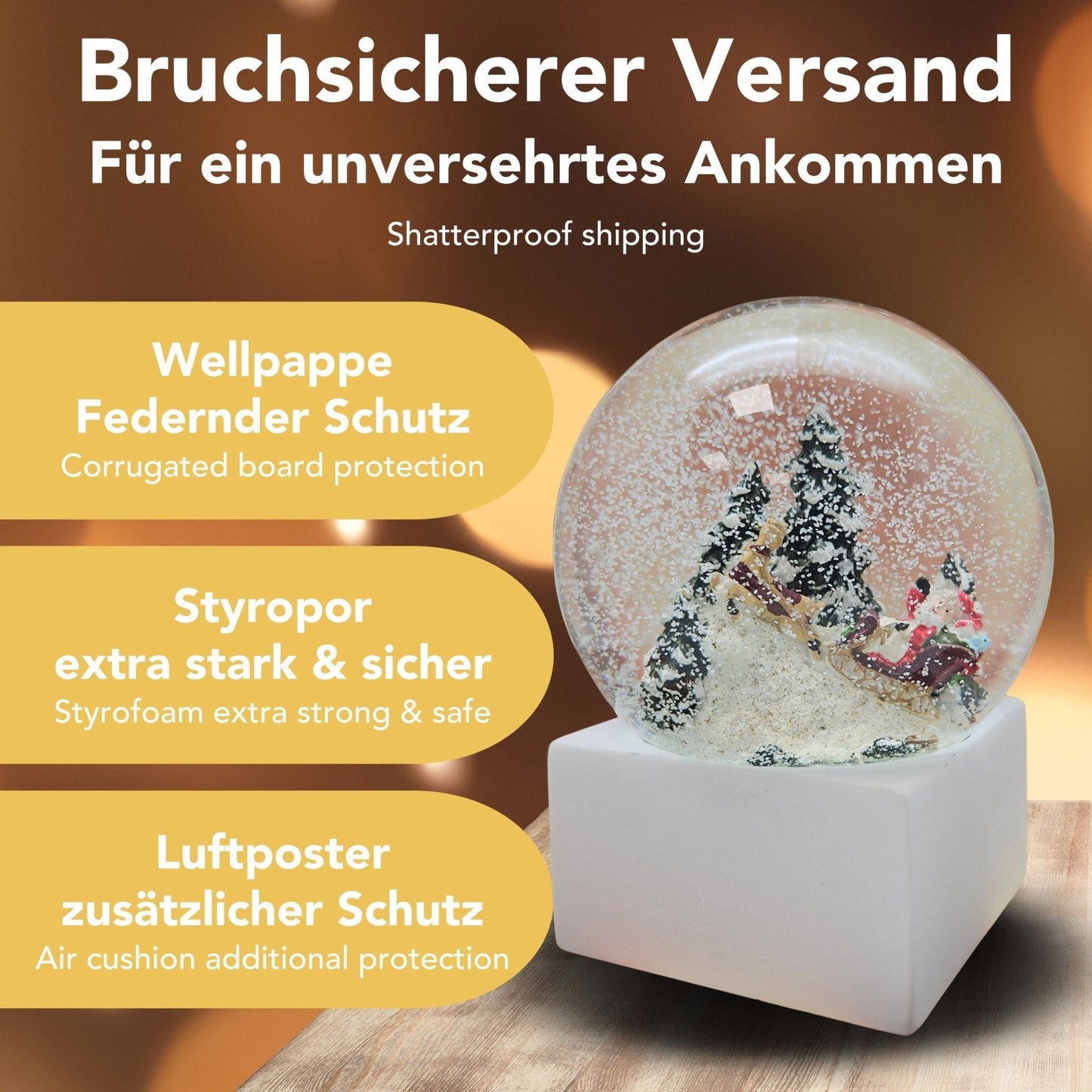 Schneekugel Santa auf Schlitten auf Sockel weiß eckig "PURE - Line" 10 cm Durchmesser - Schneekugelhaus