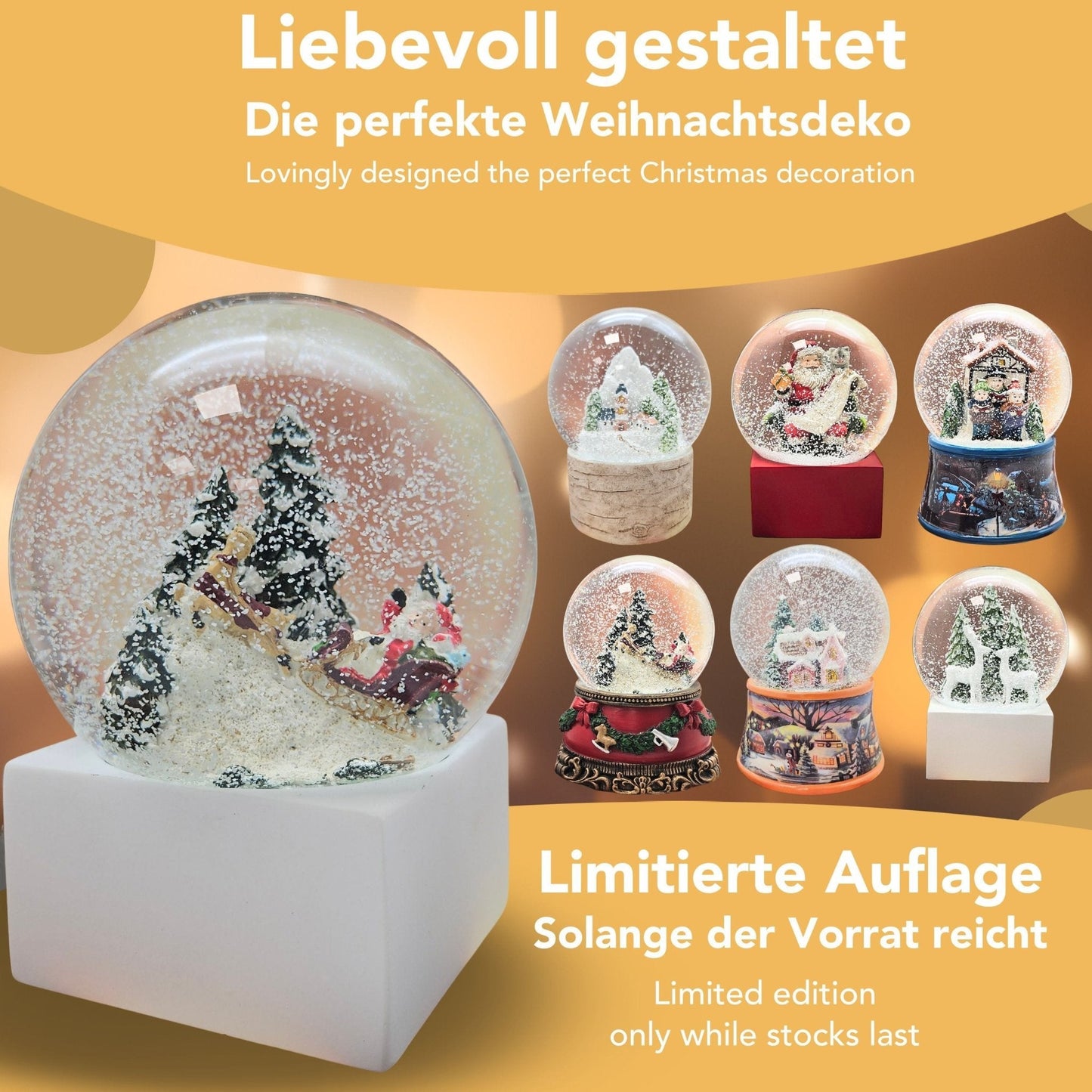 Schneekugel Santa auf Schlitten auf Sockel weiß eckig "PURE - Line" 10 cm Durchmesser - Schneekugelhaus