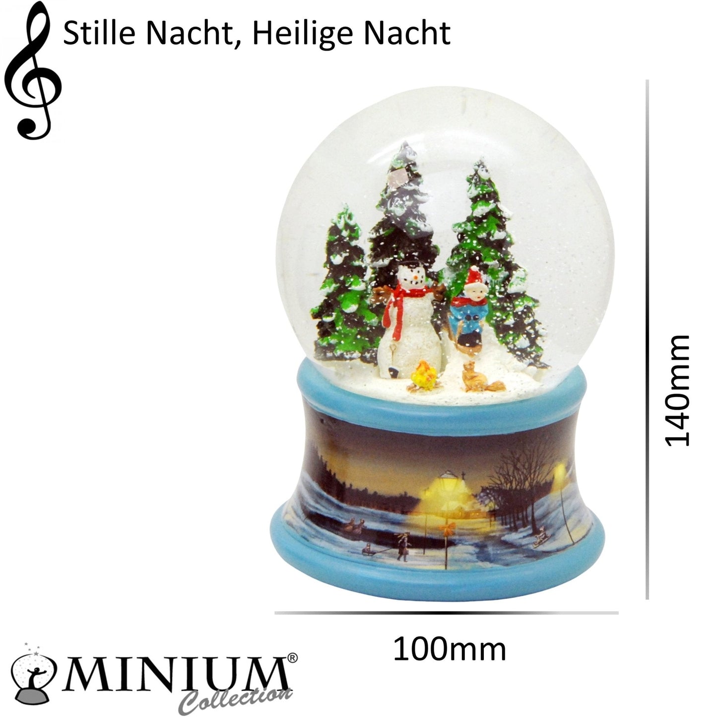 Schneekugel Schneemann steht im Winterwald mit Kind auf Schlitten auf Sockel Winterlandschaft Eisläufer blau mit Spieluhr - Schneekugelhaus