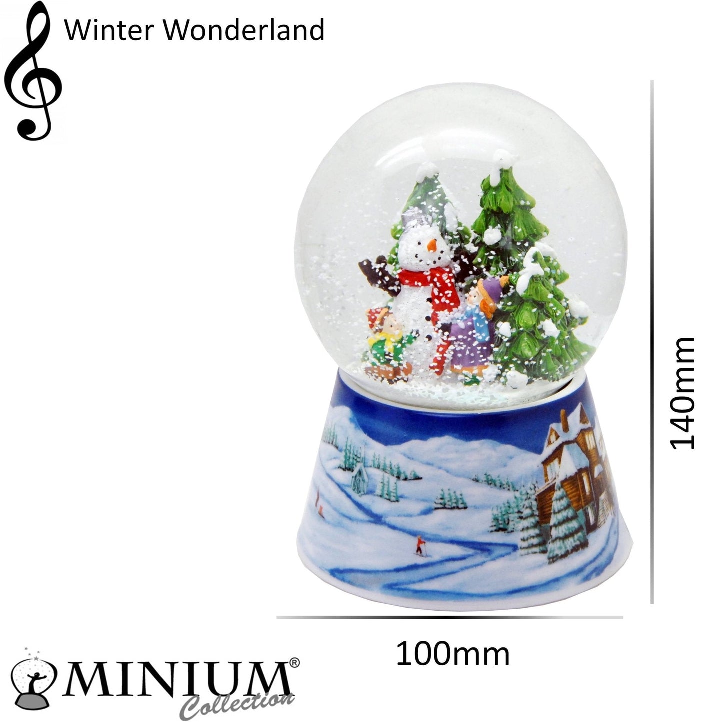 Schneekugel Schneemann zwei Kinder auf Sockel Winterlandschaft mittelblau mit Spieluhr 10 cm Durchmesser - Schneekugelhaus