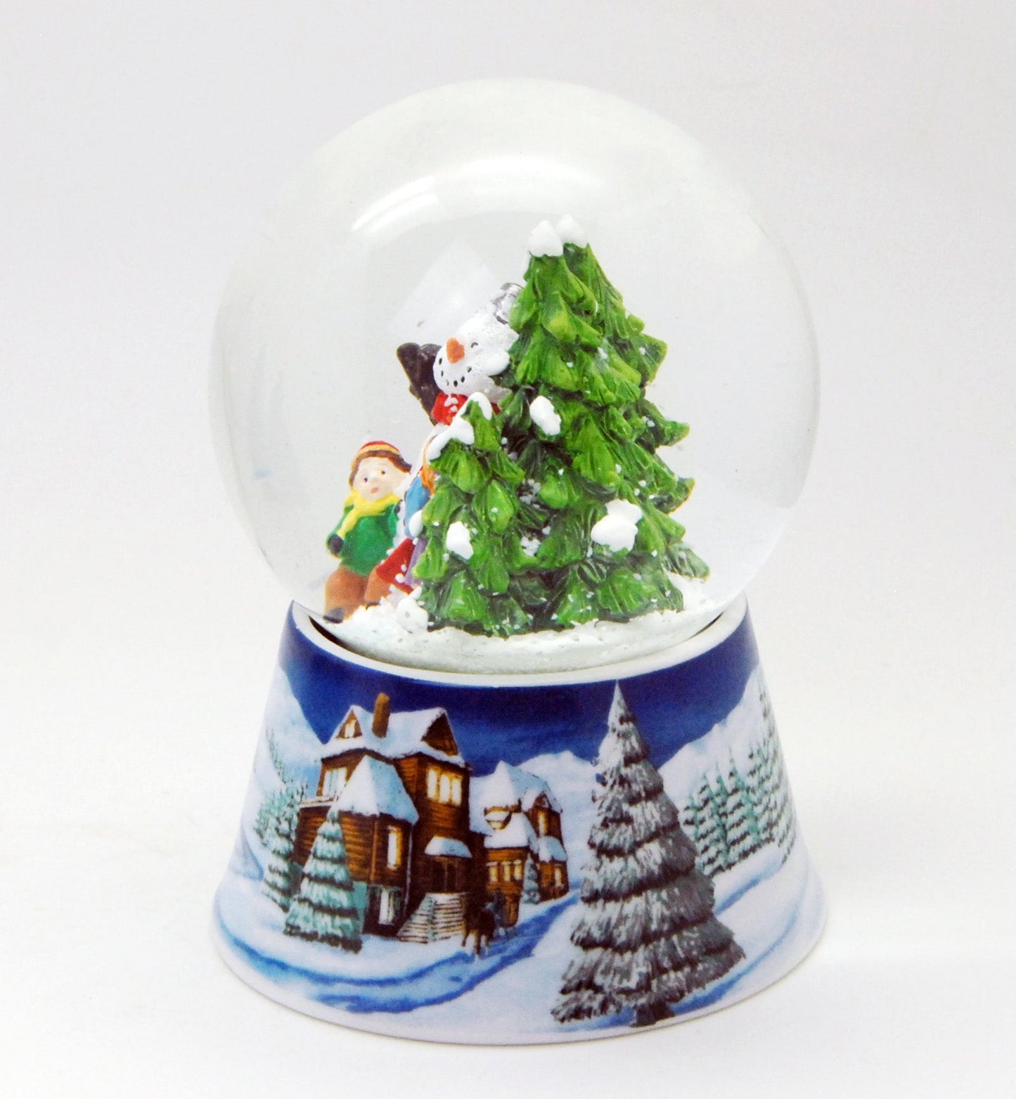 Schneekugel Schneemann zwei Kinder auf Sockel Winterlandschaft mittelblau mit Spieluhr 10 cm Durchmesser - Schneekugelhaus