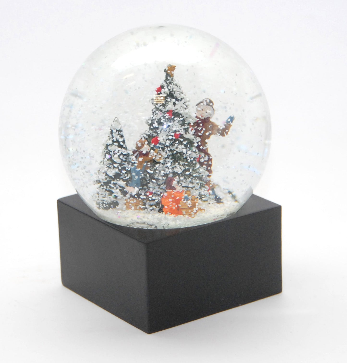 Schneekugel Weihnachtsbaum schmücken auf Sockel schwarz eckig "PURE-Line" 10 cm Durchmesser - Schneekugelhaus
