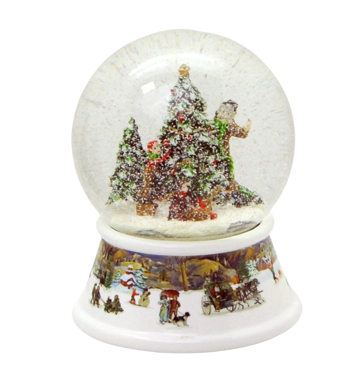 Schneekugel Weihnachtsbaum schmücken mit Geschenken auf Sockel nostalgische Schneelandschaft mit Spieluhr - Schneekugelhaus