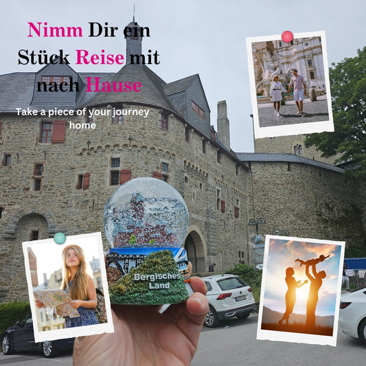 Souvenir Schneekugel Bergisches Land mit Schloss Burg Wuppertal Schwebebahn B: 6,5 H: 8,5 - Schneekugelhaus