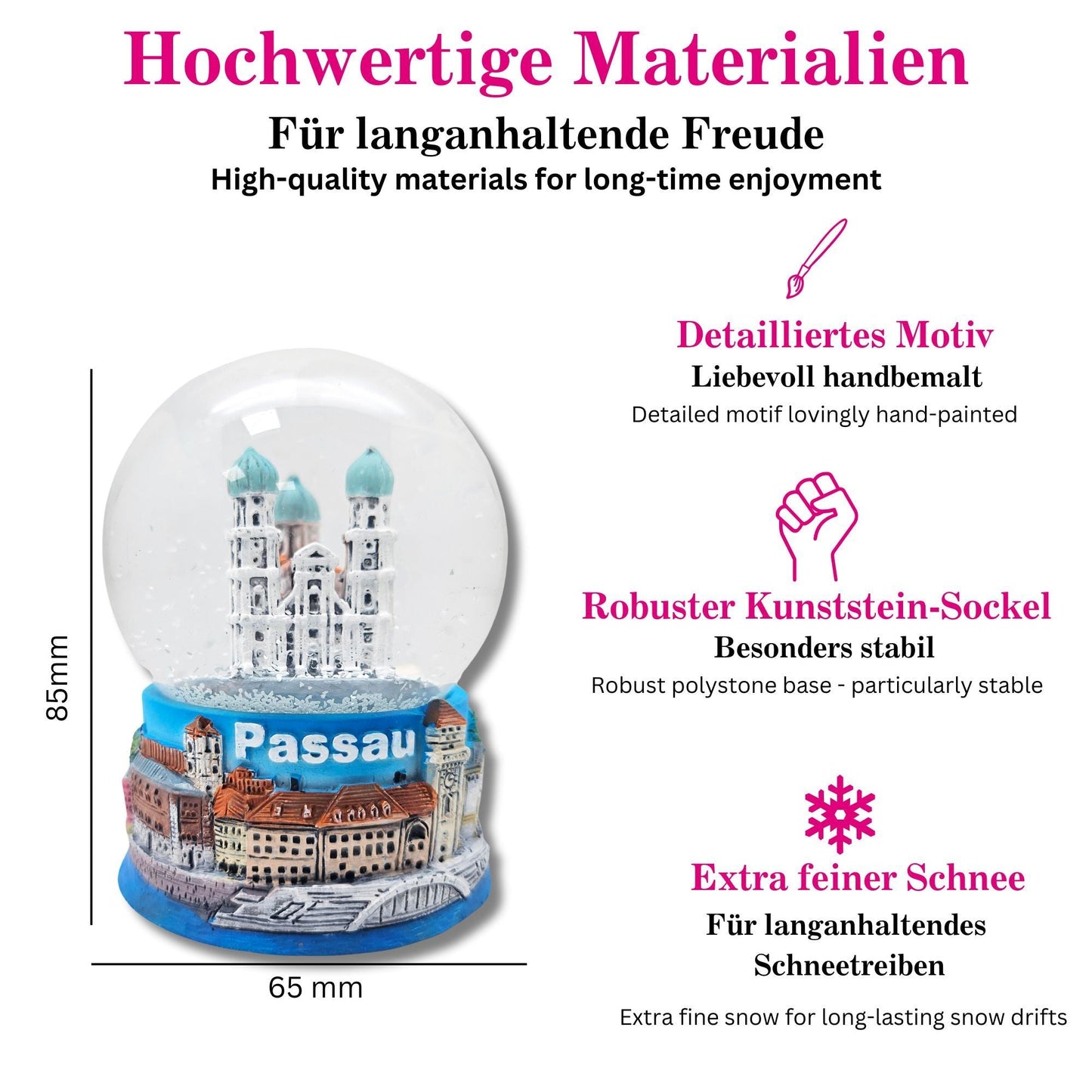 Souvenir Schneekugel Passau Dom Rathaus Burg Veste Oberhaus Donauschiff 65mm Durchmesser - Schneekugelhaus