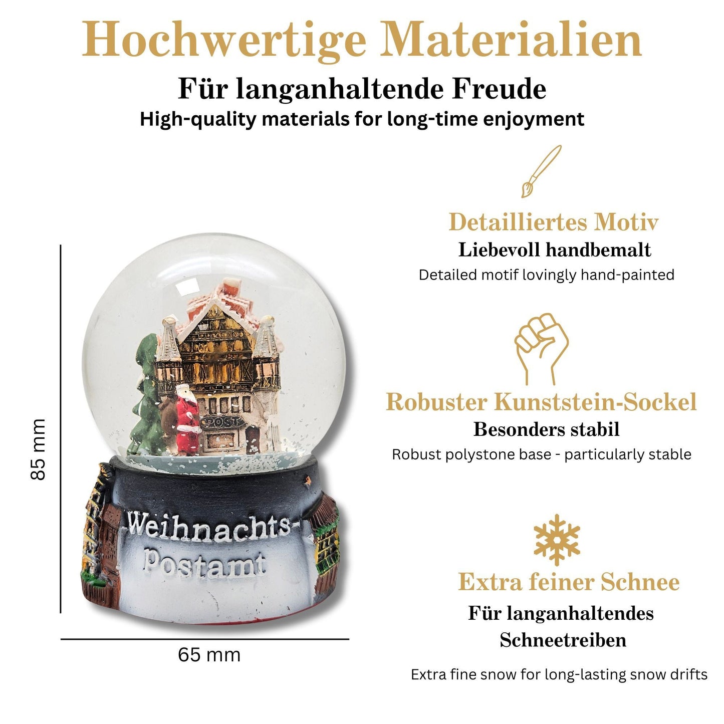 Souvenirschneekugel Weihnachtspostamt mit Weihnachtsmarkt 65mm Durchmesser - Schneekugelhaus