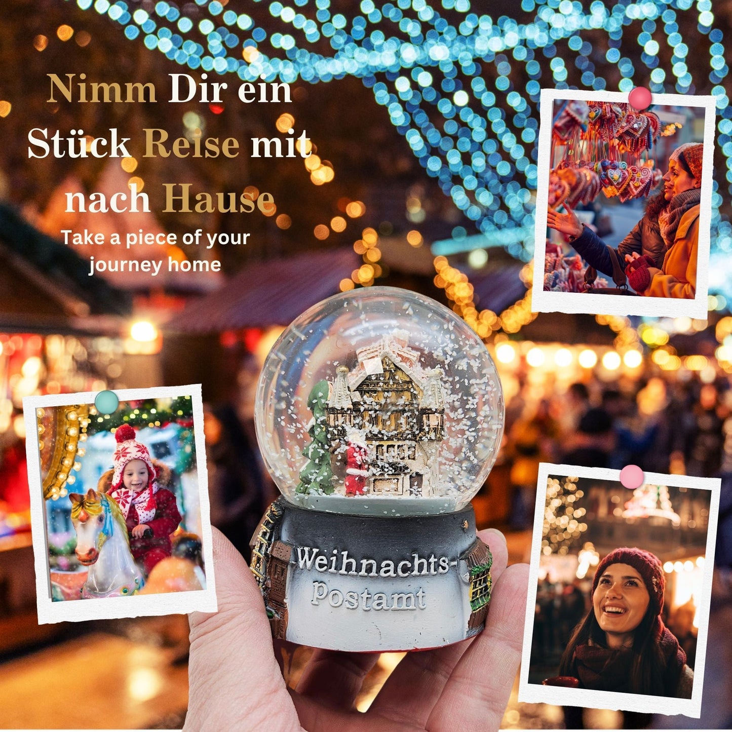 Souvenirschneekugel Weihnachtspostamt mit Weihnachtsmarkt 65mm Durchmesser - Schneekugelhaus
