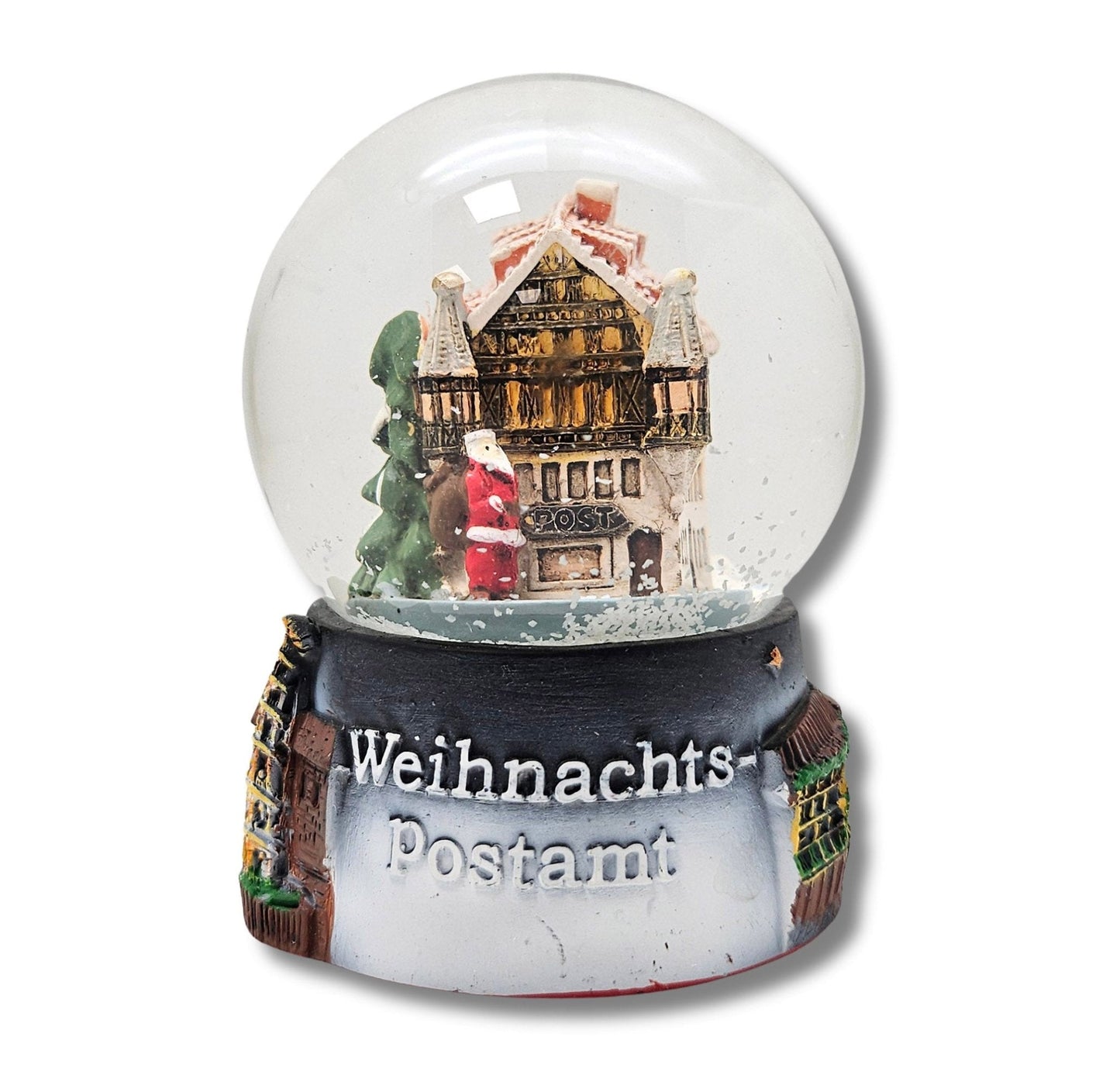 Souvenirschneekugel Weihnachtspostamt mit Weihnachtsmarkt 65mm Durchmesser - Schneekugelhaus