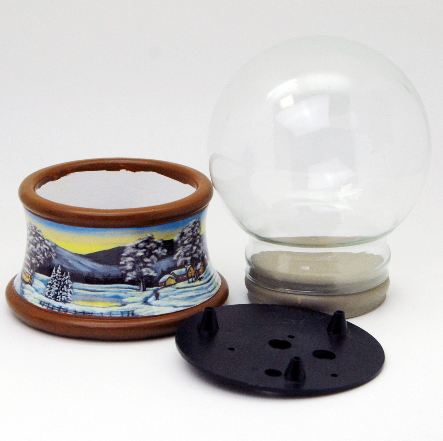 100mm Bastelset Porzellan Sockel Winterlandschaft brauner Rand mit DIY-Schneekugel für Spieluhr - Schneekugelhaus