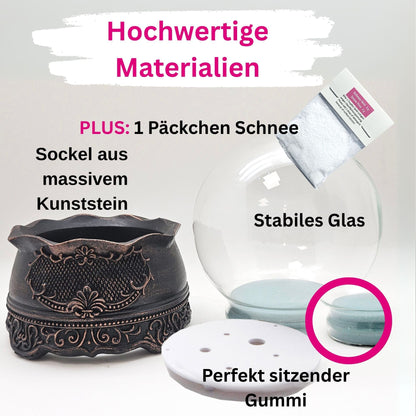 100mm Bastelset Sockel kupfer antik mit DIY - Schneekugel für Spieluhr - 1x Schnee - Schneekugelhaus