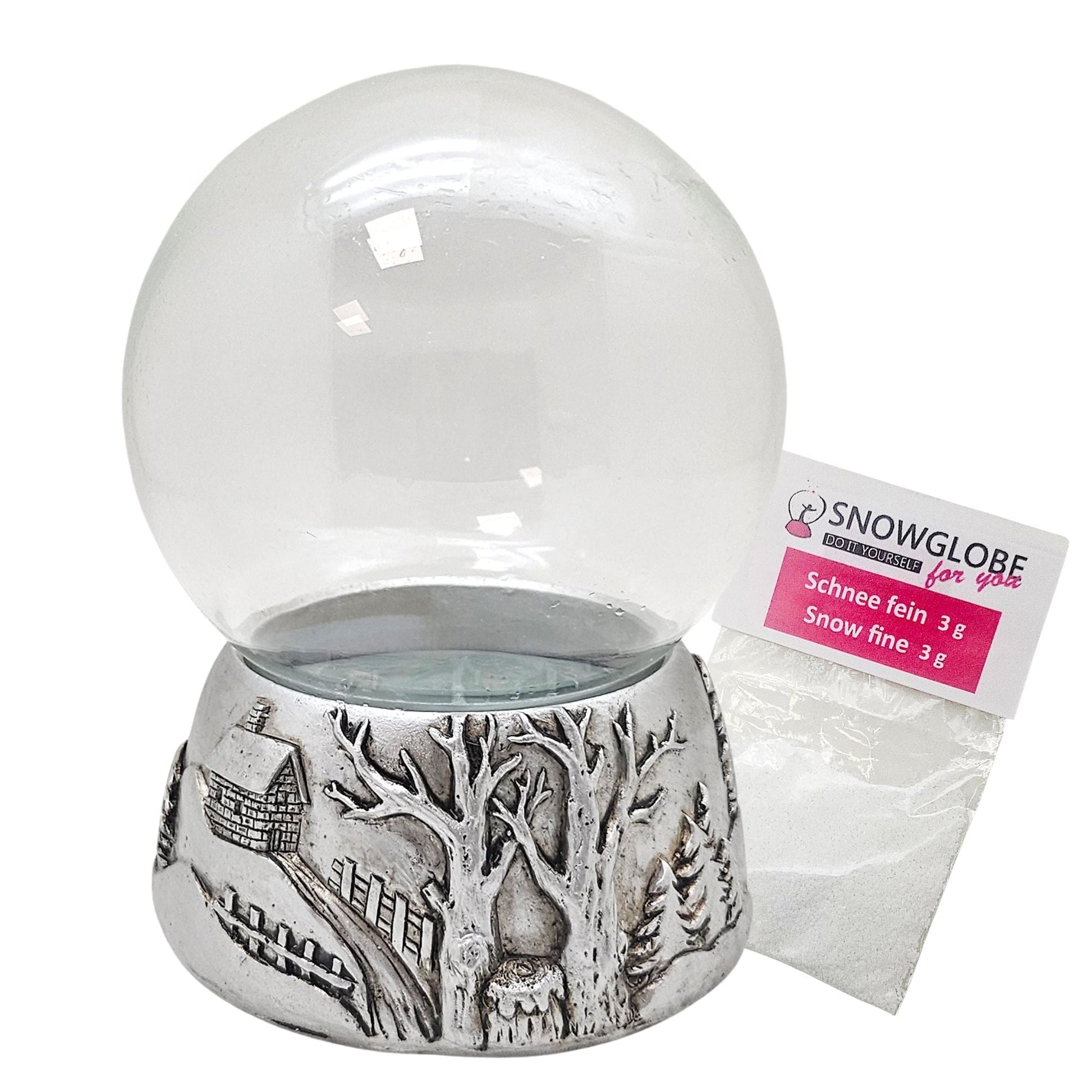100mm Bastelset Sockel Silber antik Landschaft mit DIY-Schneekugel für Spieluhr - 1x Schnee - Schneekugelhaus