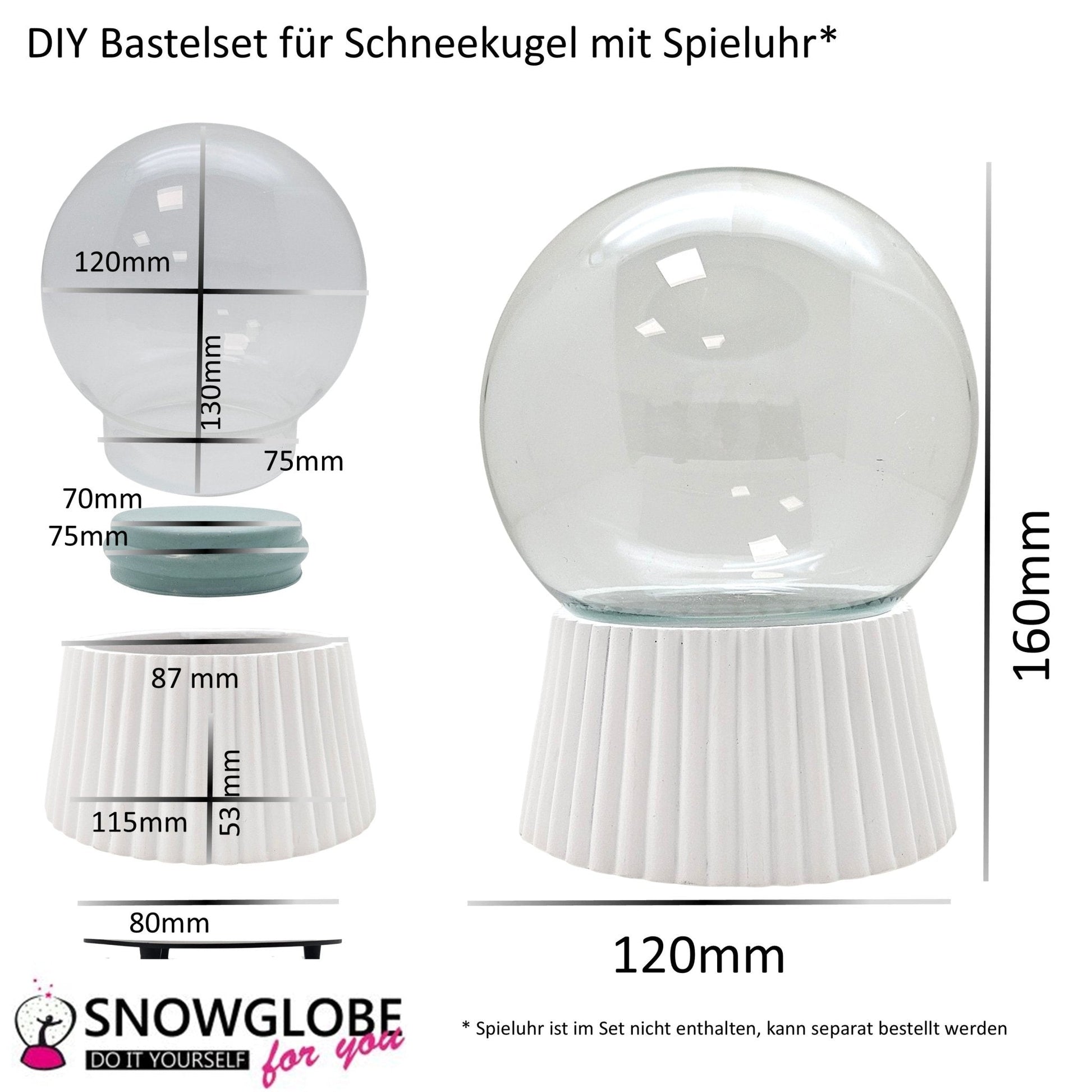 120mm DIY - Schneekugelset weiß geriffelt - Set aus Bastelglas und Sockel weiß - 1x Schnee - Schneekugelhaus