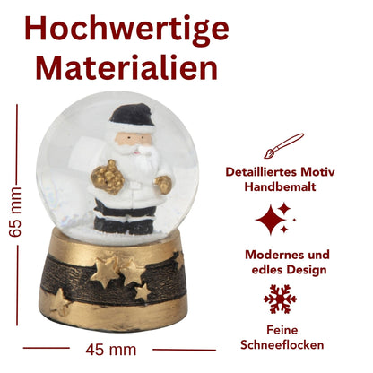 2 moderne Mini - Schneekugeln Weihnachtsmann mit Socke gold schwarz weiß B: 45mm - Schneekugelhaus