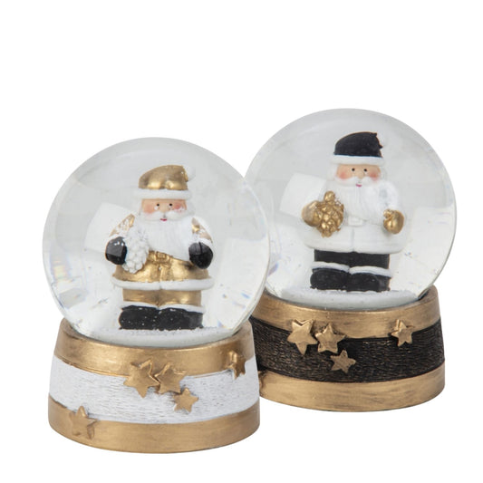 2 moderne Schneekugeln Weihnachtsmann schwarz weiß gold mit Sockel Sterne B: 65mm - Schneekugelhaus