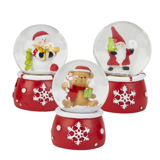 3 süße Mini - Schneekugeln Winter & Weihnacht mit Sockel rot weiß Schneeflocke B: 45mm - Schneekugelhaus