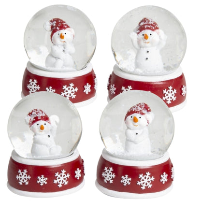 4 Schneekugeln Schneemann mit Sockel rot weiß Schneeflocke B: 65mm - Schneekugelhaus